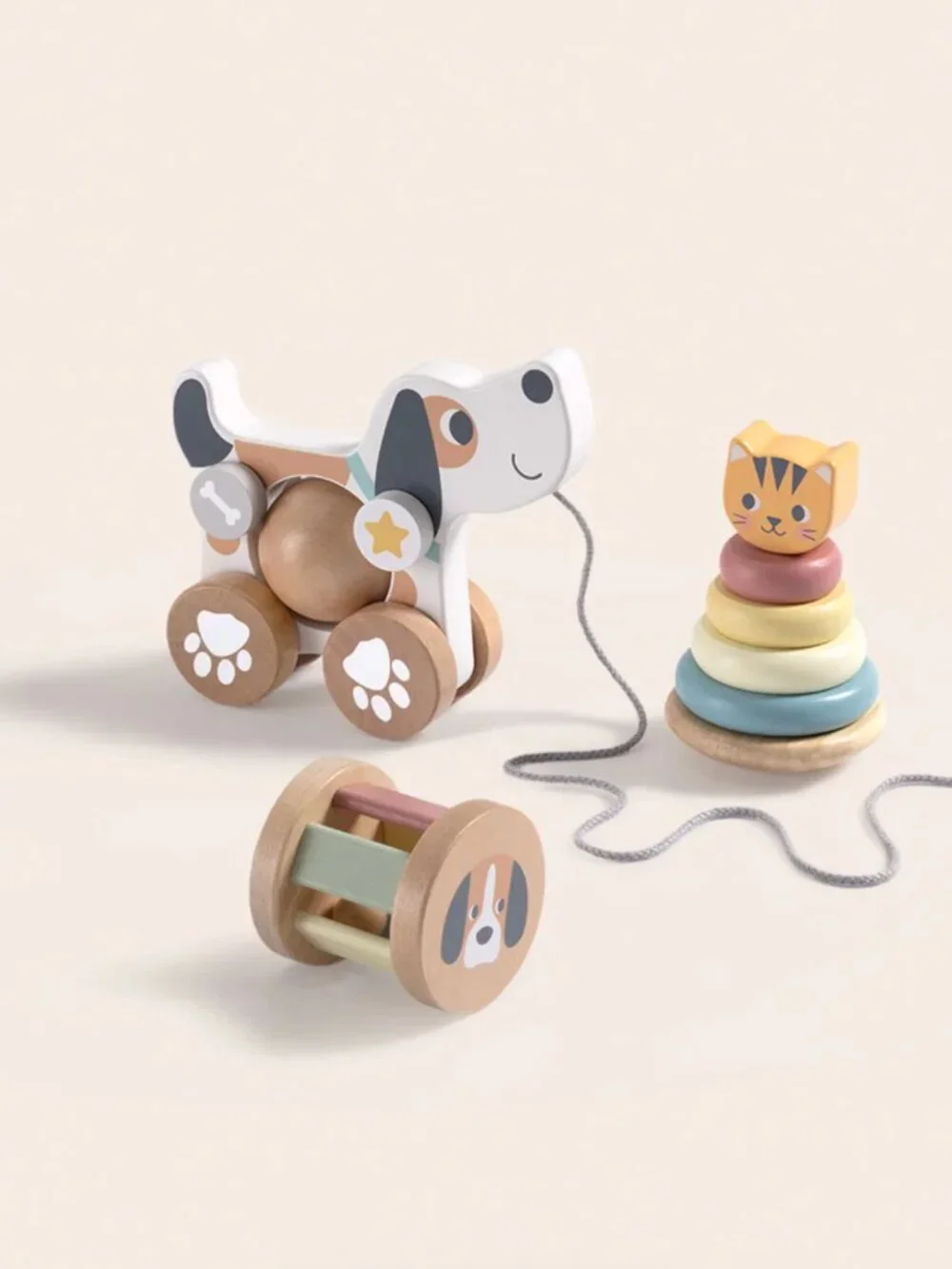 Montessori Wooden Pull Along Dog Toy & Stacking Rings Gift Set New